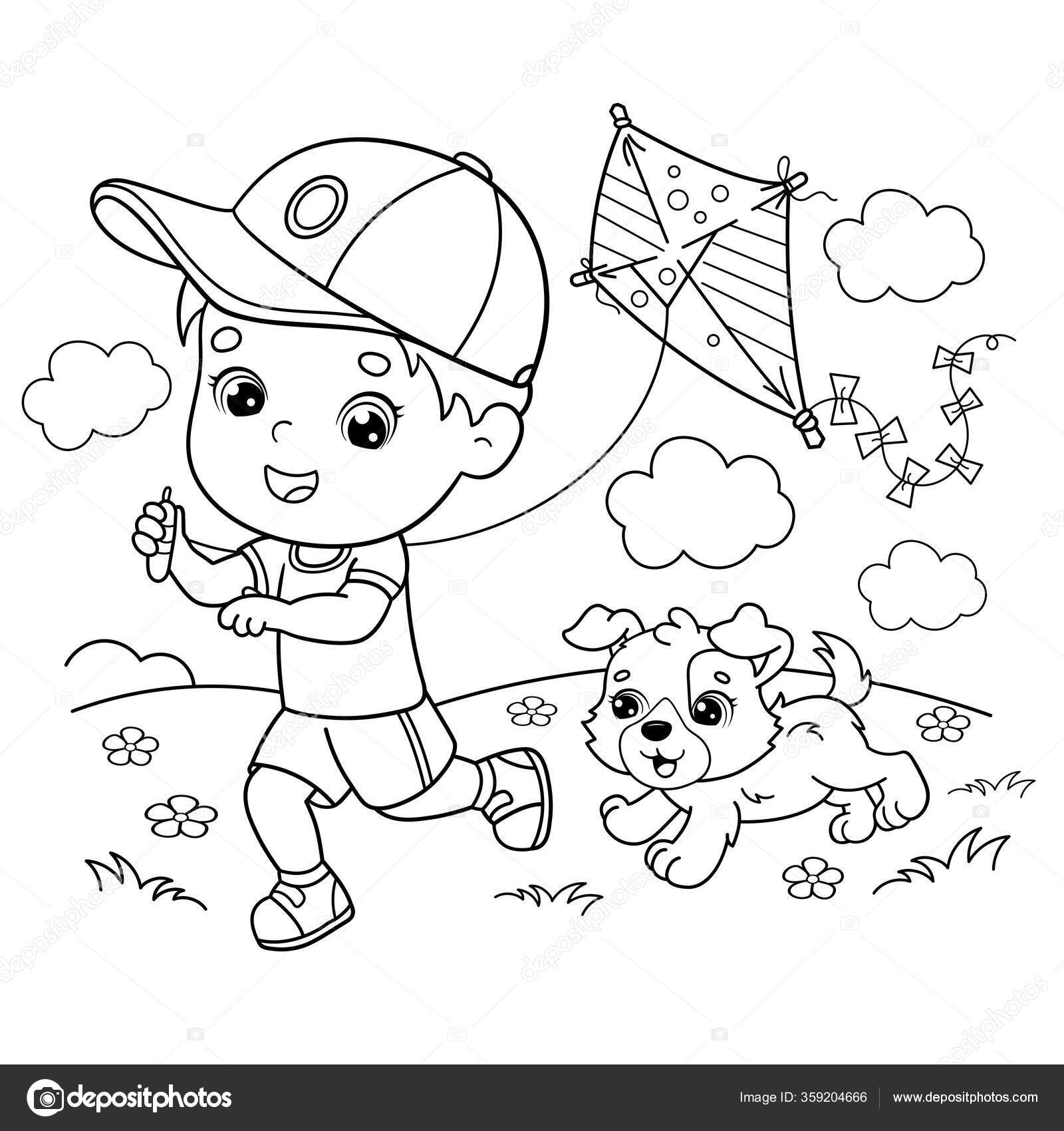Desenho Página Colorir Menino Dos Desenhos Animados Que Corre Com vetor(es)  de stock de ©Oleon17 359204666